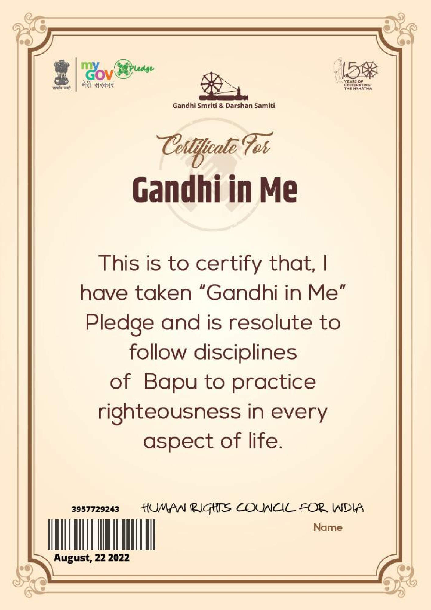Certificate for Gandhi in me